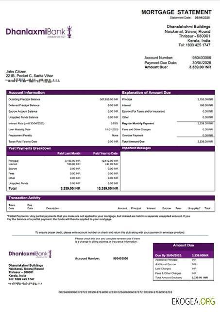 Modèle Word et PDF de relevé hypothécaire de la Dhanlaxmi Bank en Inde